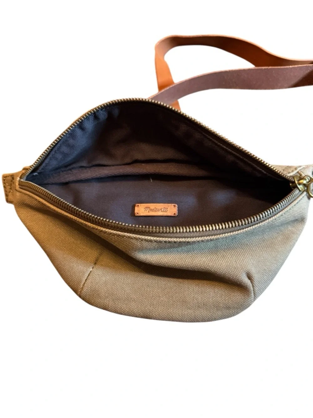 Madewell Canvas Crossbody Belt Bag Army Green with Tan Leather Strap - Picture 2 of 4